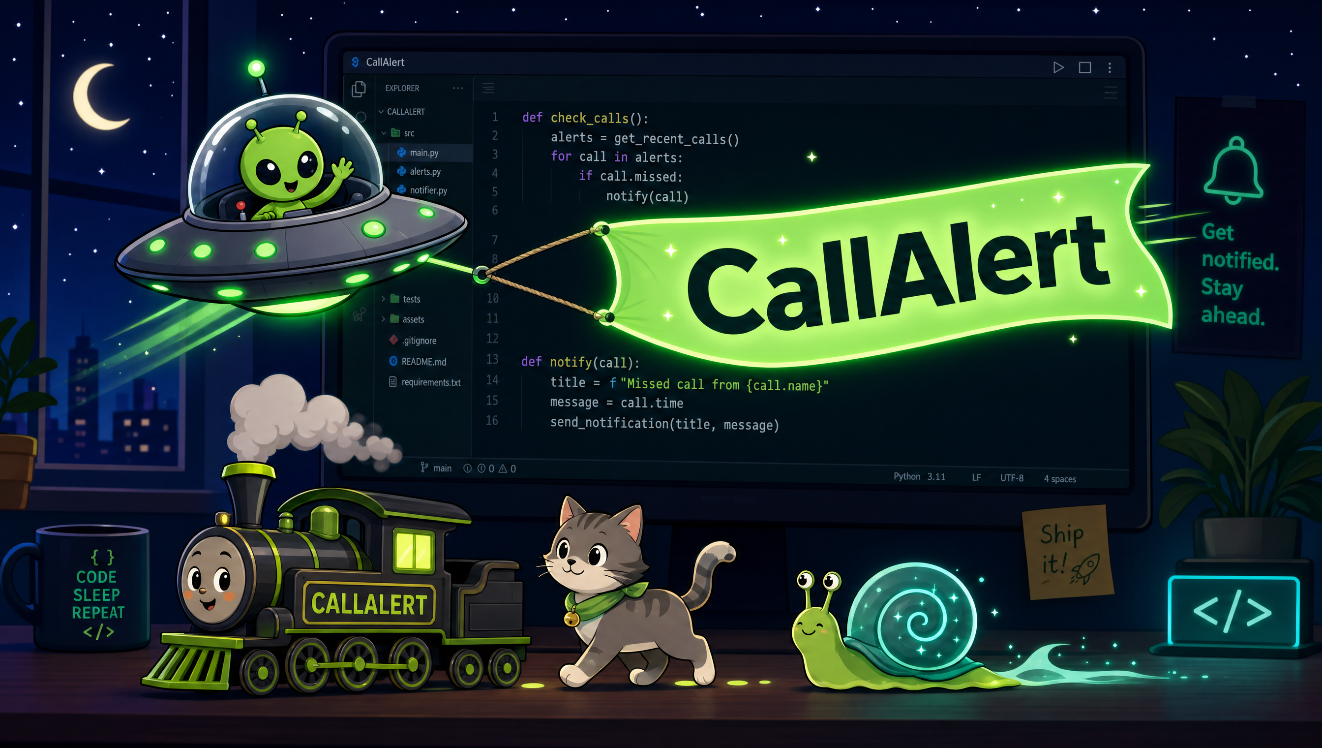 I quattro personaggi di CallAlert: UFO, trenino, gatto e lumaca
